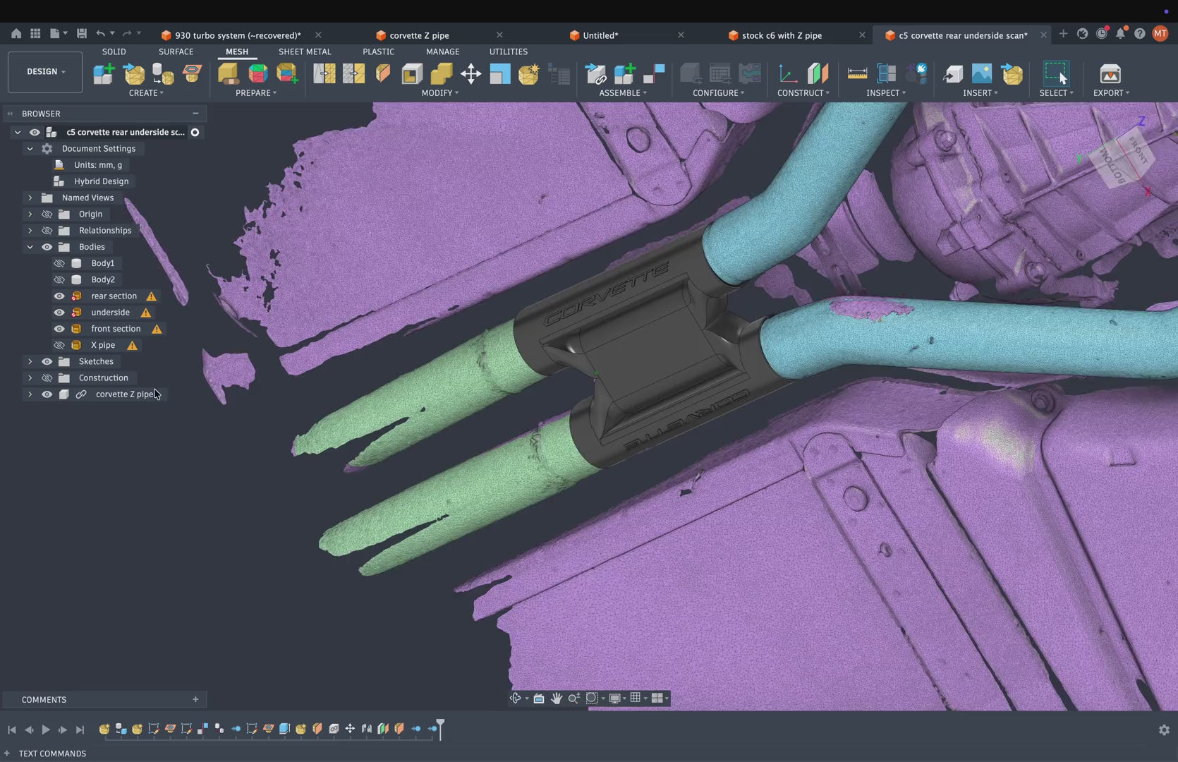 3D scan of a Corvette underside with Z-pipe designed in CAD